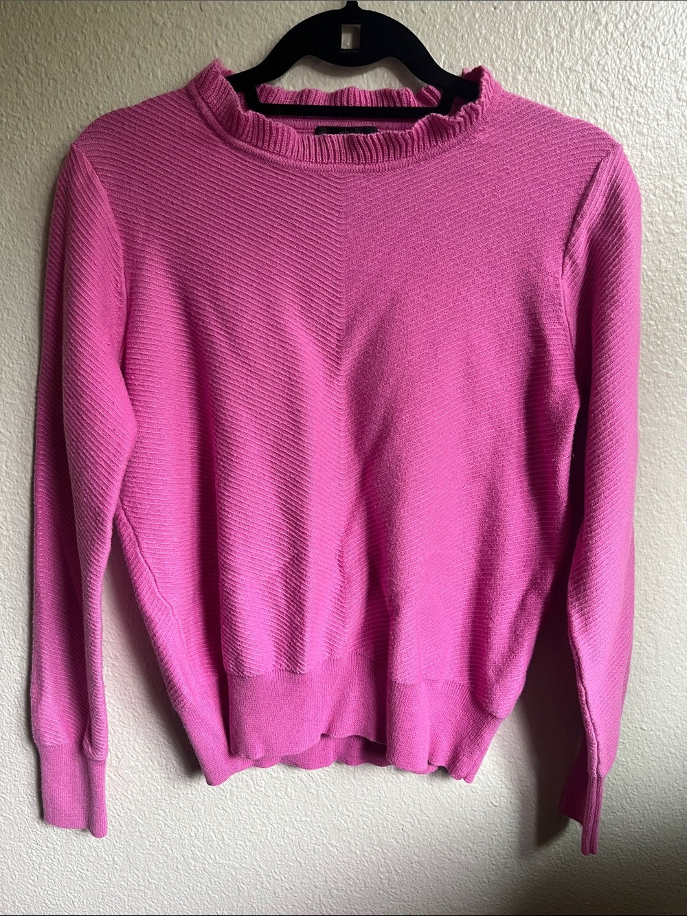 J. Crew Bright Pink Ribbed Crewneck Sweater with Ruffle Trim